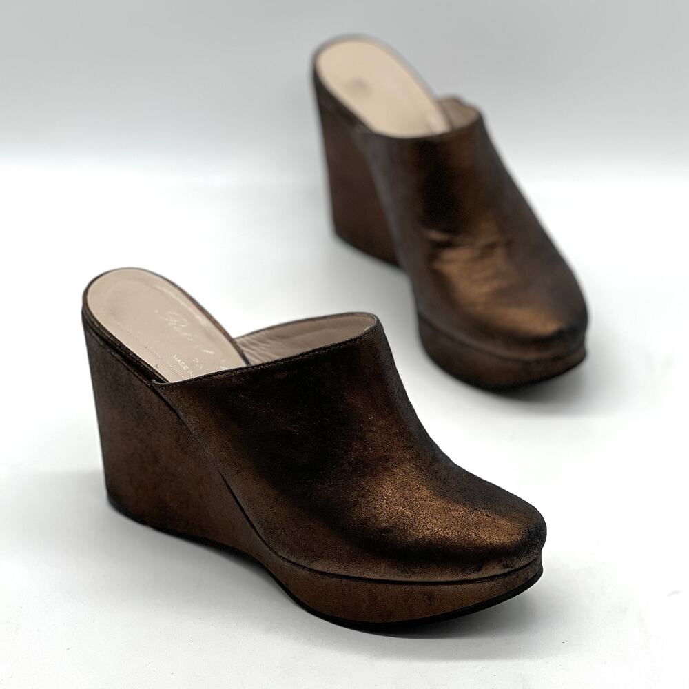ROBERT CLERGERIE Wedge Platform Mule Womens 5 Bronze Metallic Leather Heel